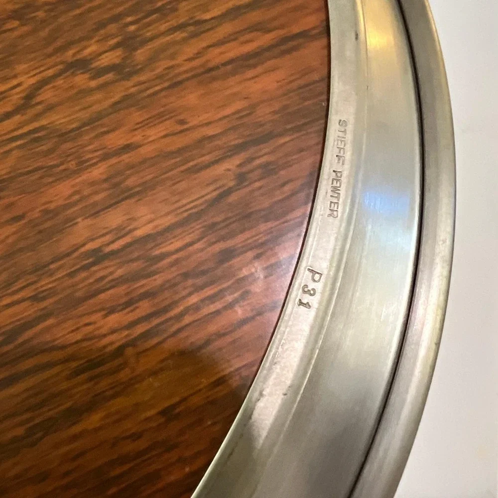 Vintage Kirk Stieff Pewter Wood Grain‎ Tray 14 in formica laminate cocktail MCM